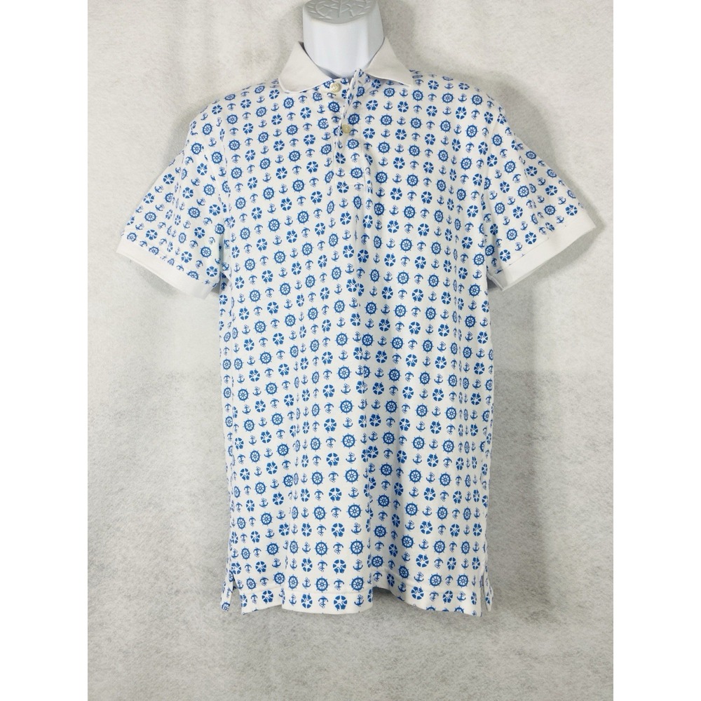 Brooks Brothers 1818 Polo Shirt Men's M White Blue Short Sleeves Nautical Print